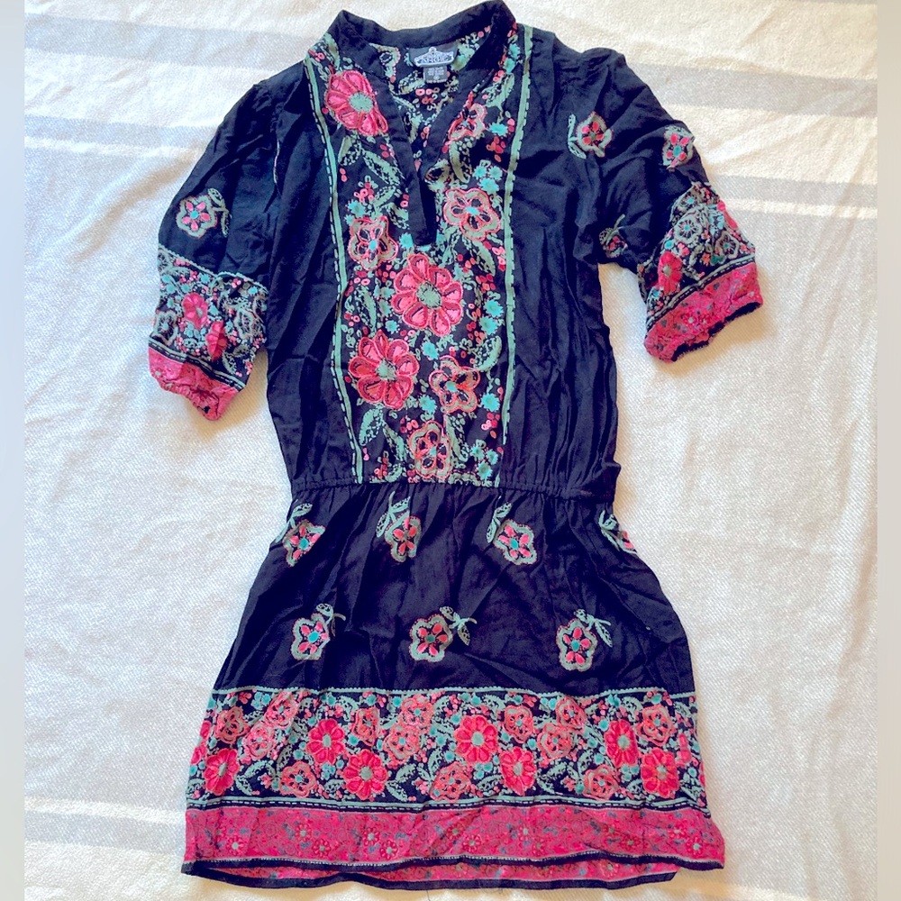 Angie Boho Print Floral‎ Rayon Caftan Mini Dress Cover Up V-Neck Medium